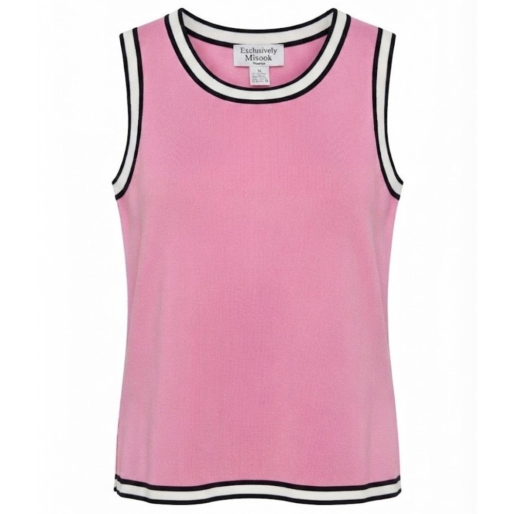 Misook Woman Pink Knit Sleeveless Shell Top Contrast Trim 1X Round Neck